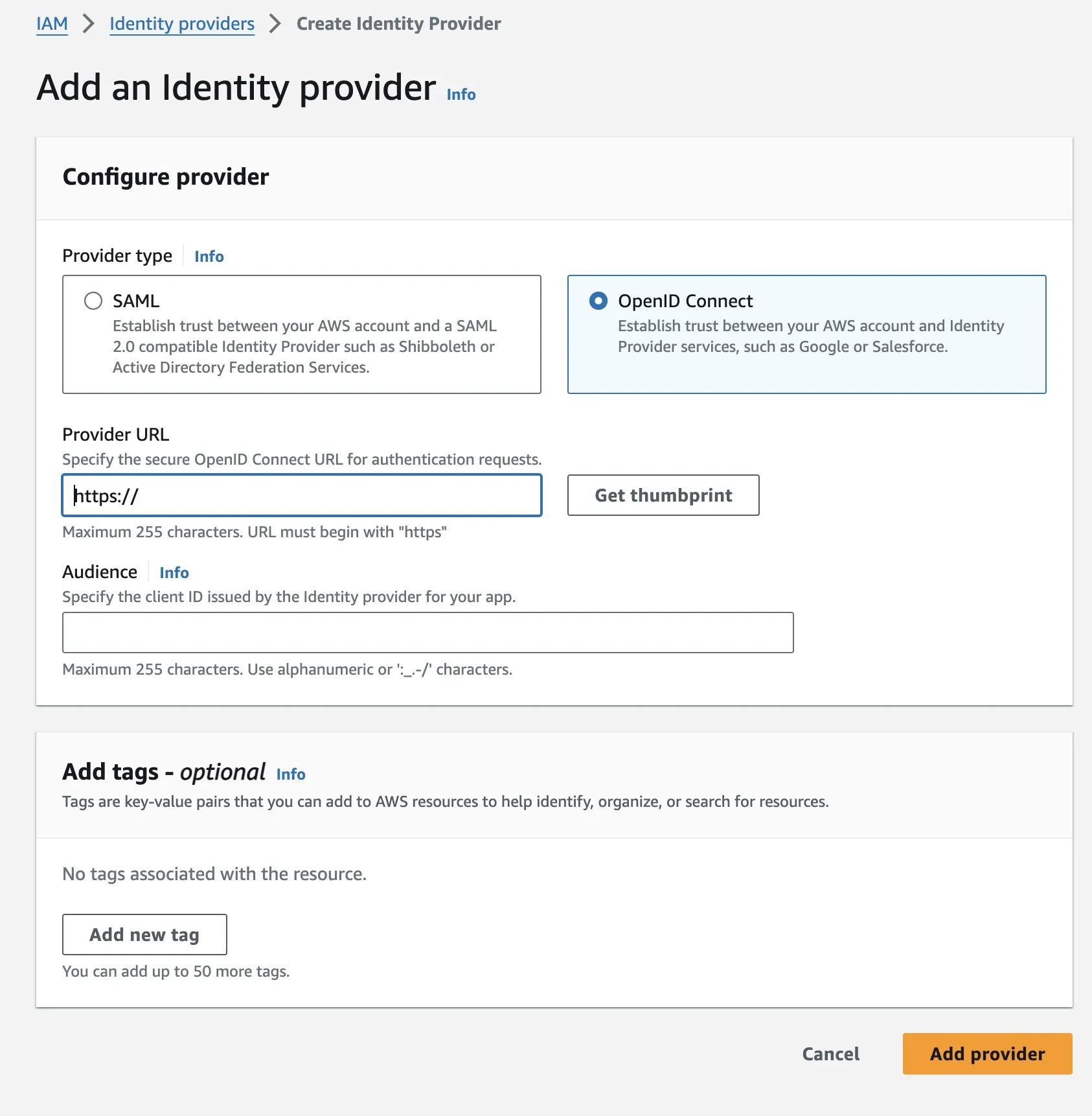 AWS OIDC Provider를 생성하는 콘솔 이미지. Provider URL을 입력하면 지문(thumbprint)을 얻을 수 있다